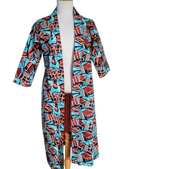 Dopamine Mid Century Mod Pink 60s Psychedelic Long Coat Handmade Teal - Picture 3 of 16